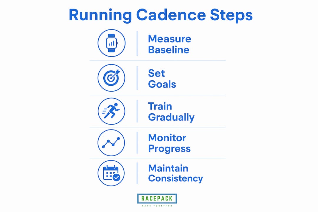 Infographic illustrating running cadence improvement steps