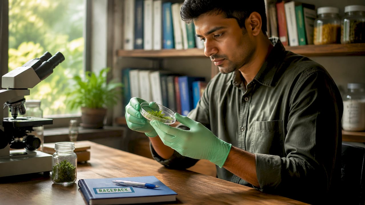 Scientist examining milk thistle leaves in lab