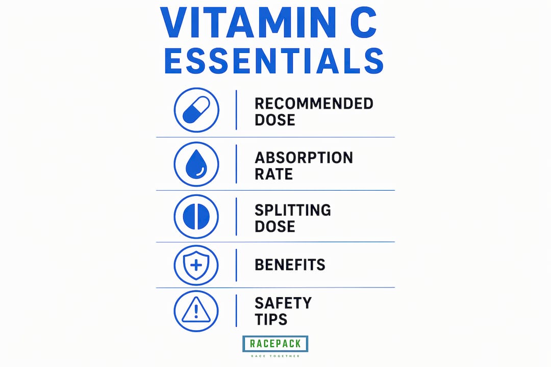 Vertical infographic of vitamin C dosage and benefits