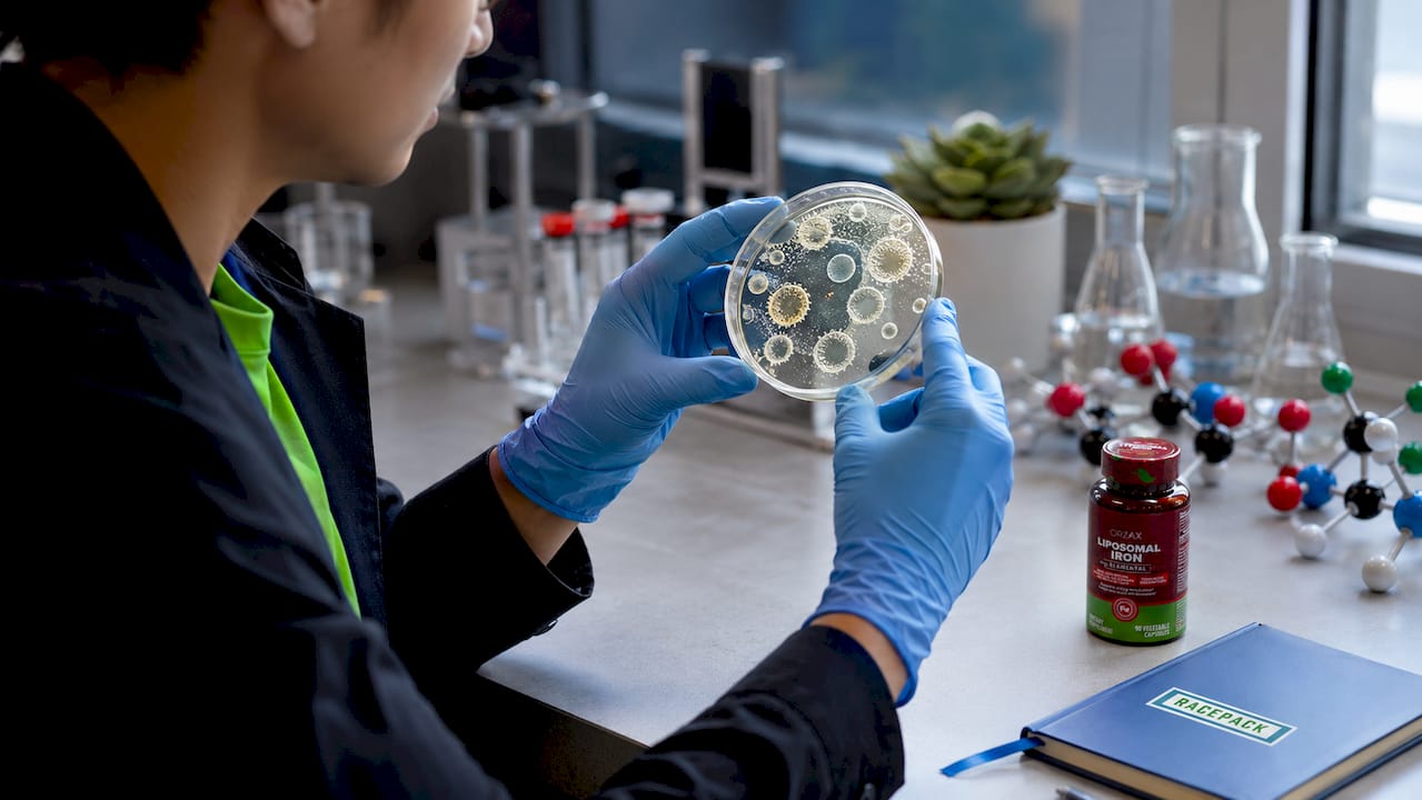 Researcher examining liposomal iron in lab