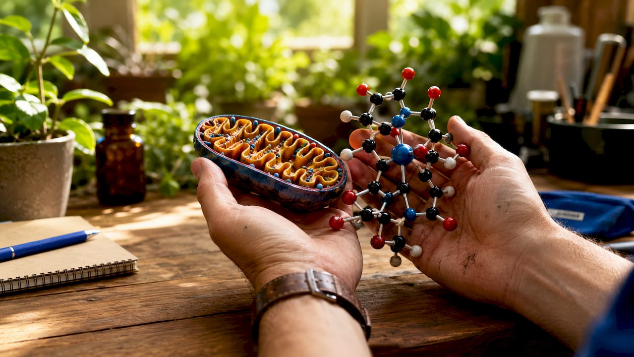 Hands holding mitochondrial and B12 molecular models