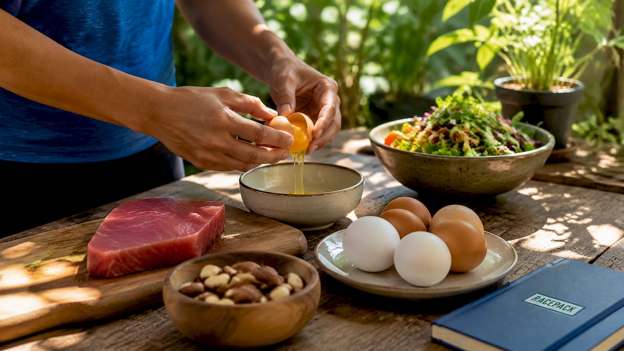 Hands holding selenium-rich foods from kitchen top view