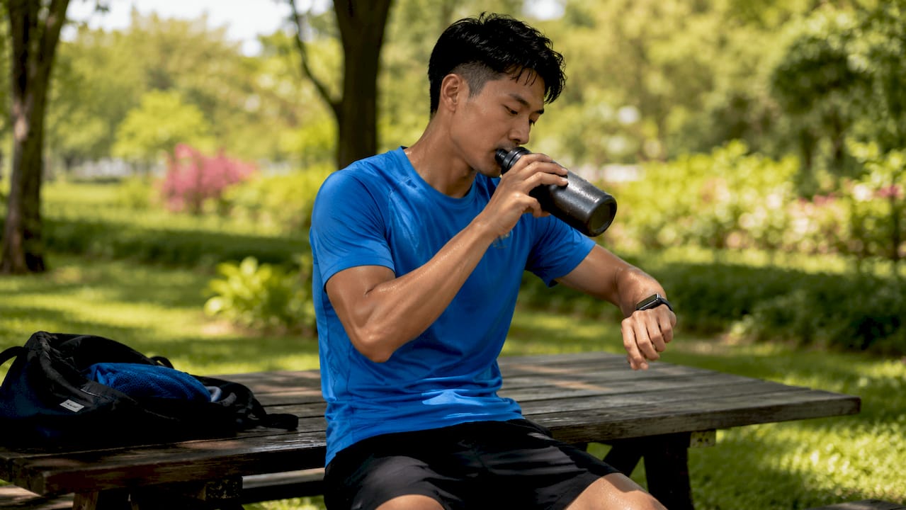 Runner drinking water outdoors during carb loading