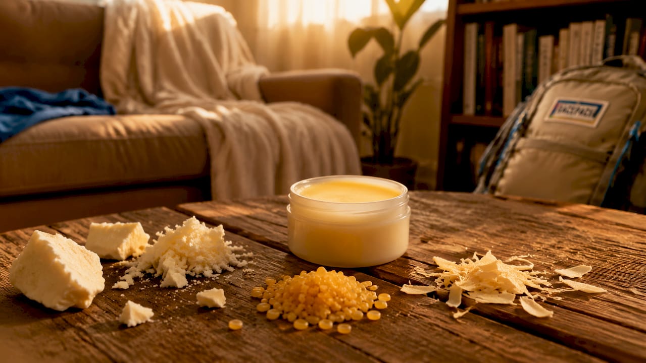 Open jar of wax-based anti-chafing salve on wood