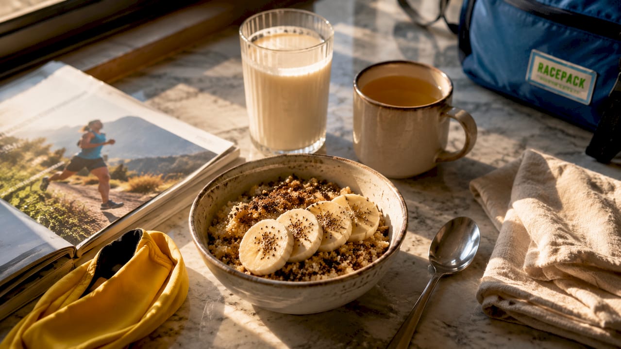 Flat-lay of low-GI breakfast for runners