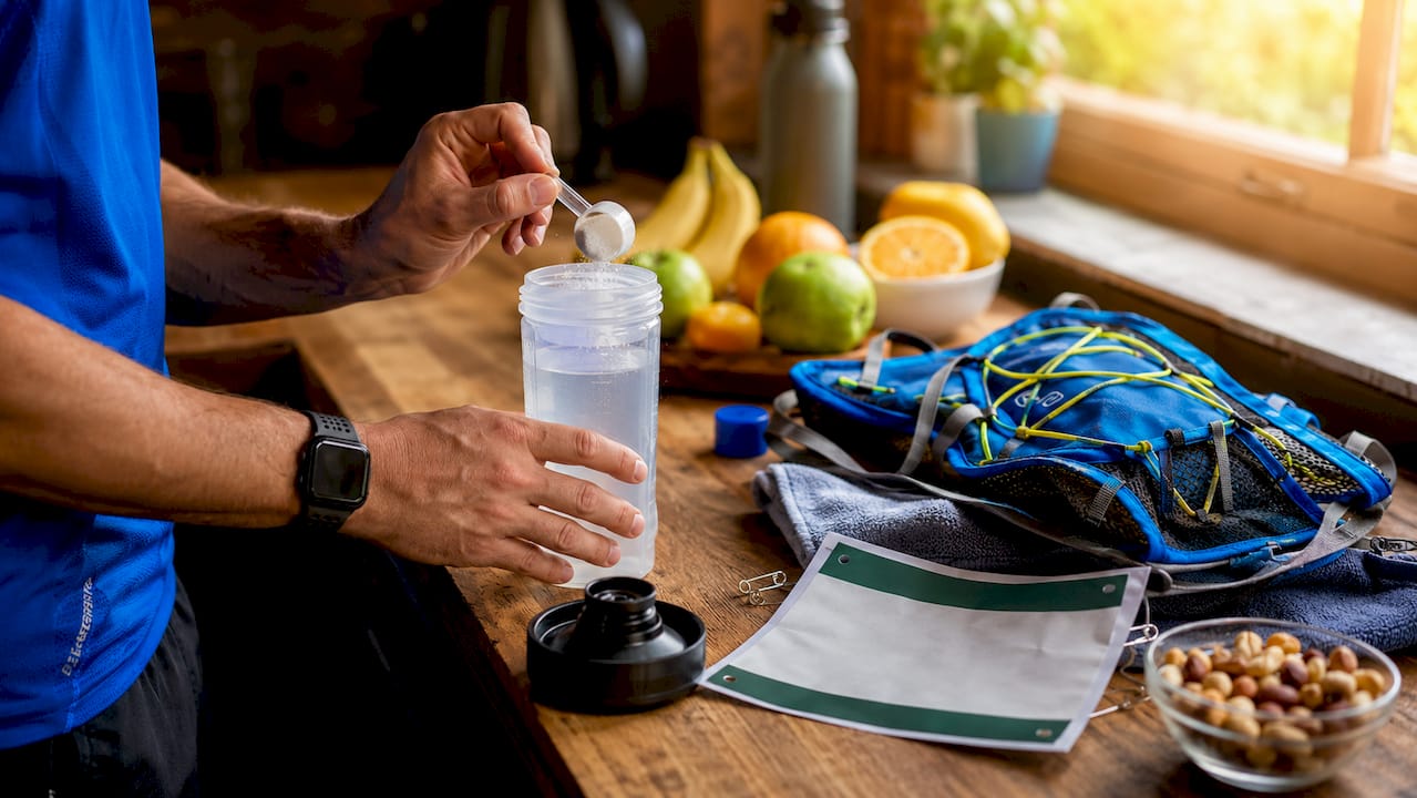 Hands measuring electrolyte drink before marathon