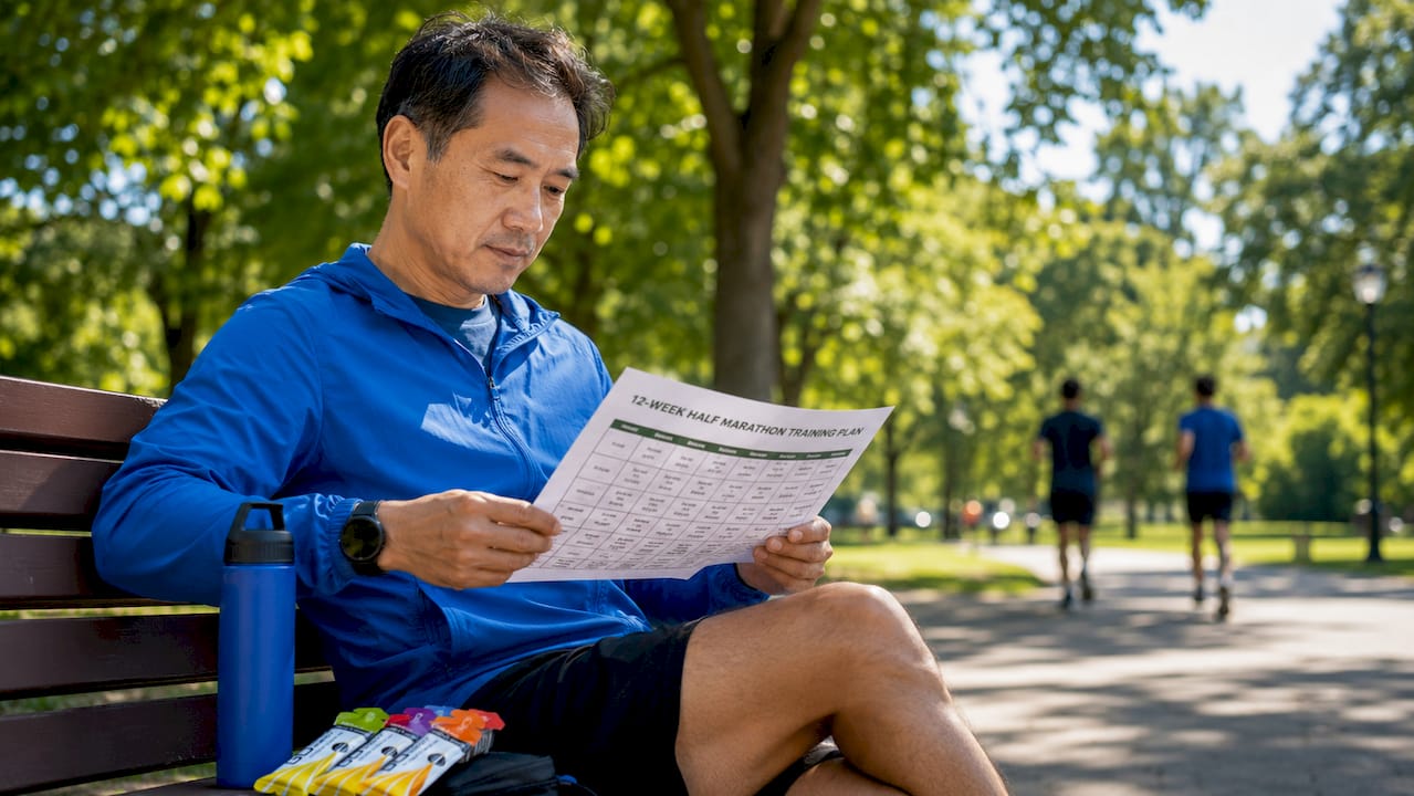 Runner reviewing training schedule at café