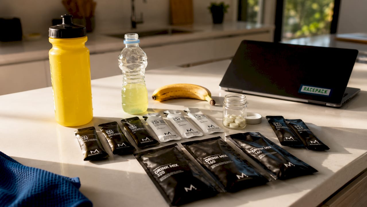 Overhead view of endurance fuel assortment on wood table
