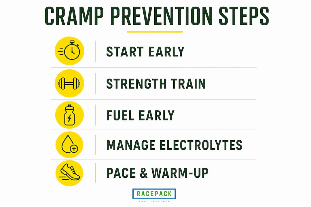 Infographic showing five steps to prevent marathon cramps