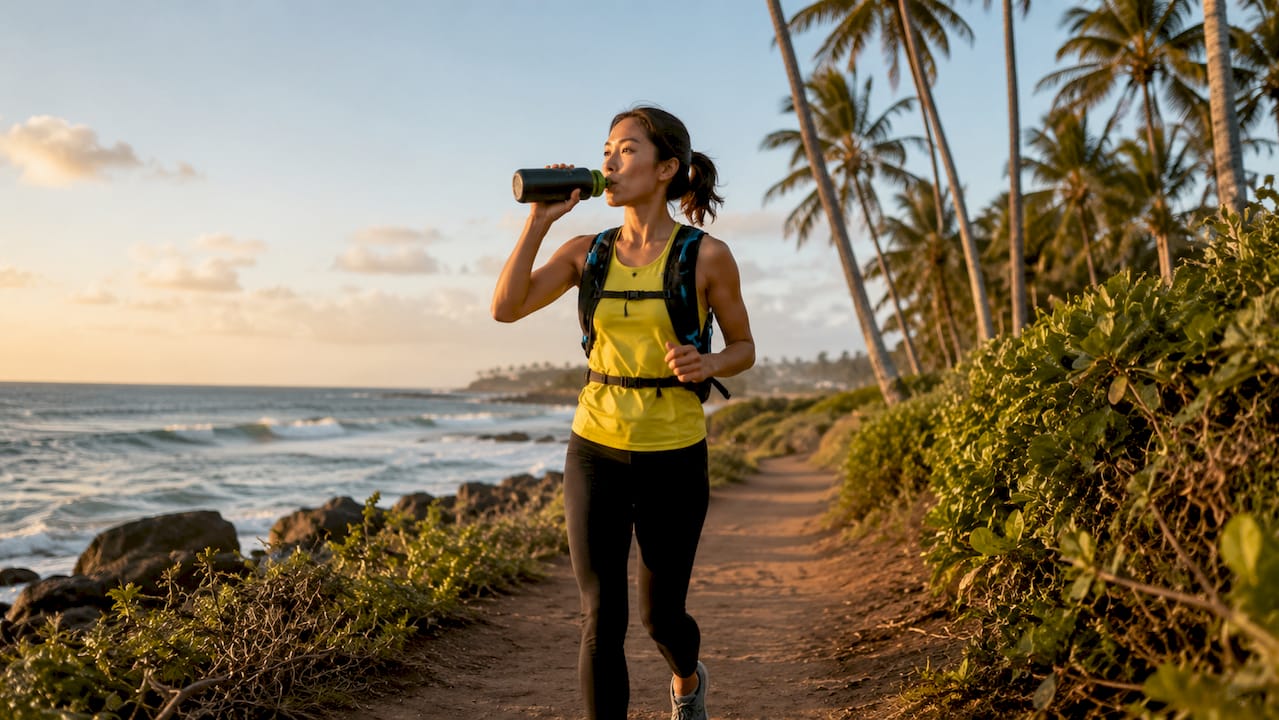 Woman running with hydration belt in park