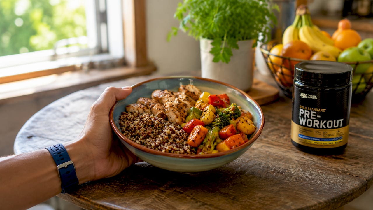 Close-up of balanced pre-workout meal plate