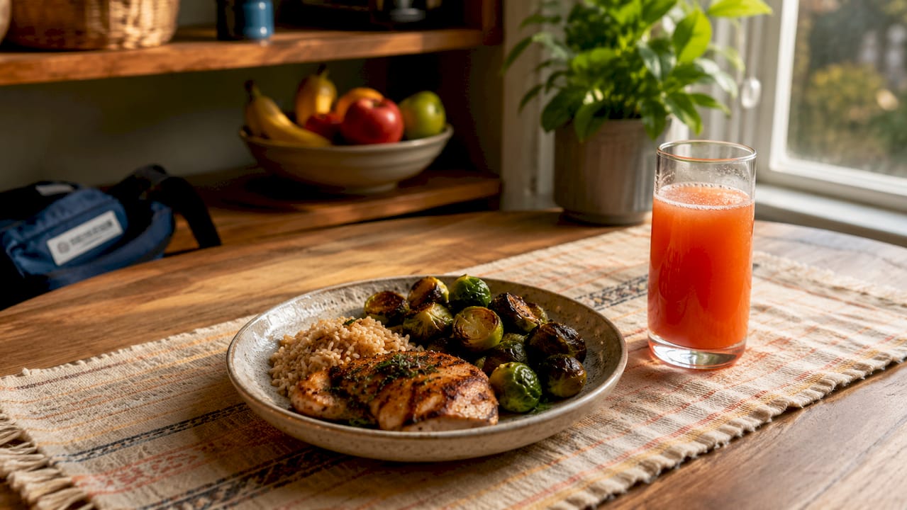 Post-workout nutritious meal arranged on counter