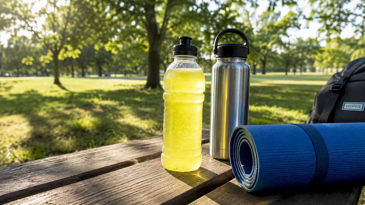 Close-up of electrolyte sports drink bottle and towel