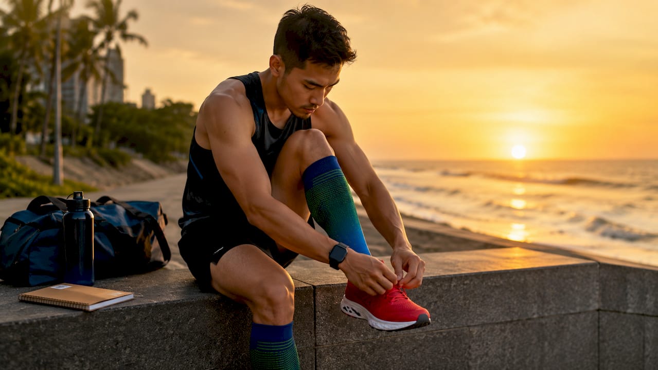 Close-up of hands tying running shoes outdoors