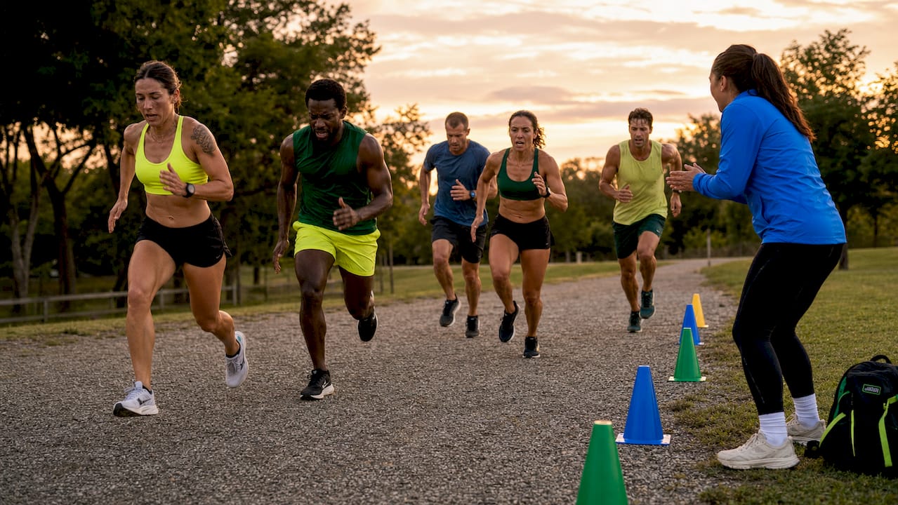 Athletes doing interval sprints on outdoor track