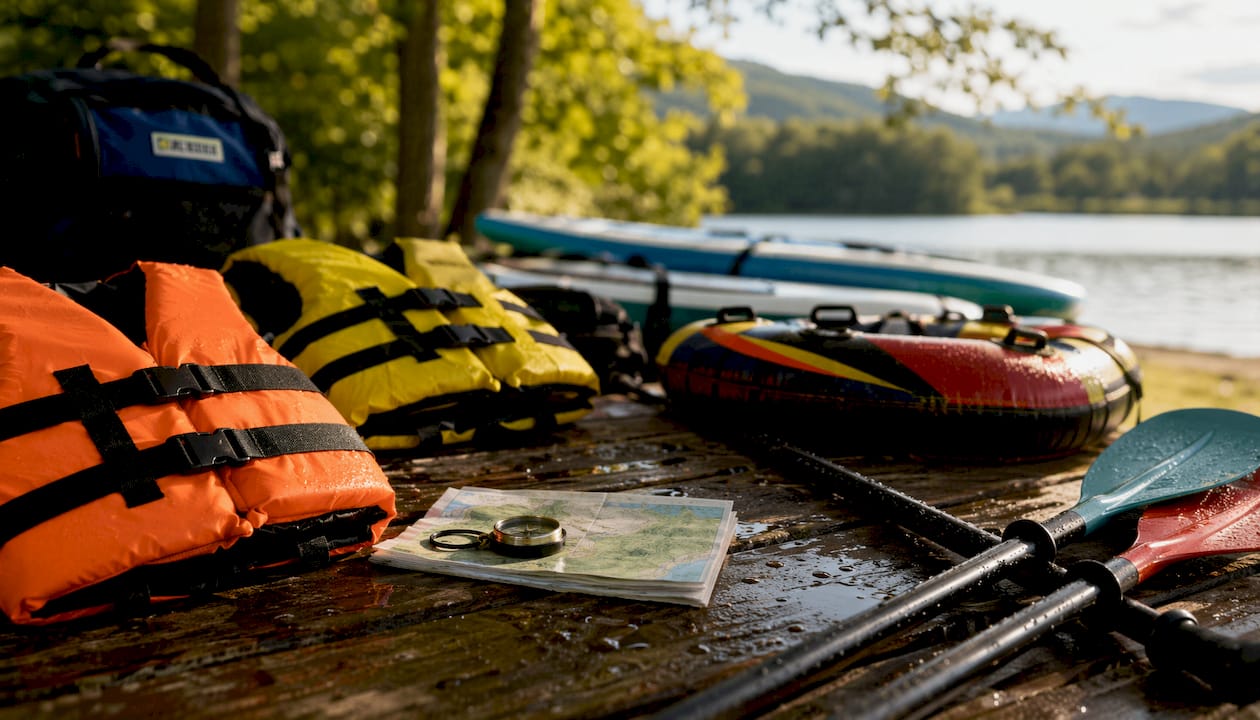Overhead view of beginner water sports gear on table