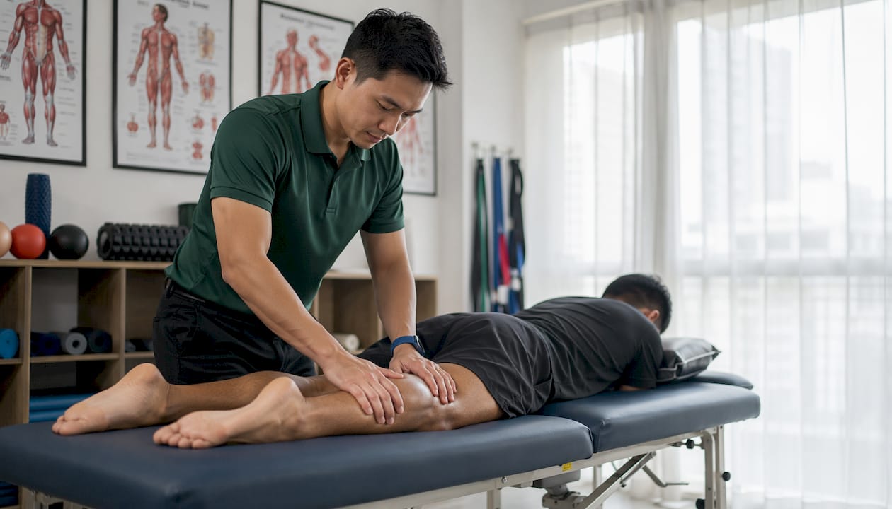 Physiotherapist palpating runner's calf muscle