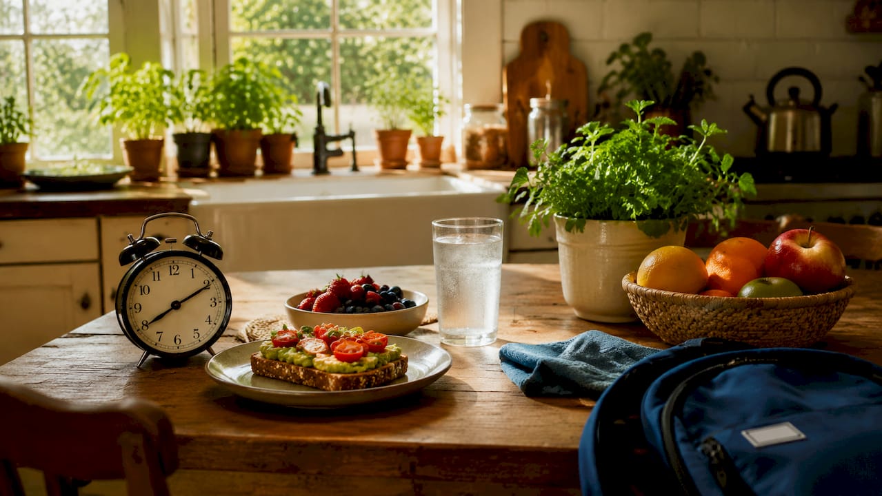 Healthy post-run recovery meal flat lay