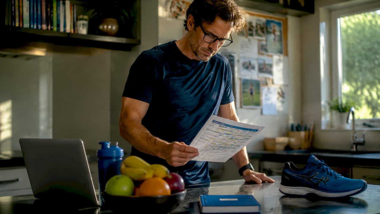 Man reviewing marathon training plan at home desk