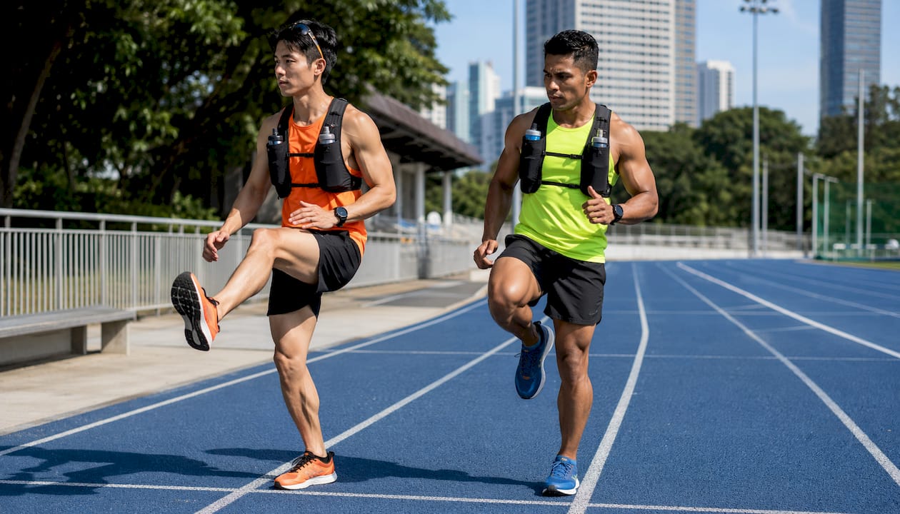 Two runners warming up differently on track