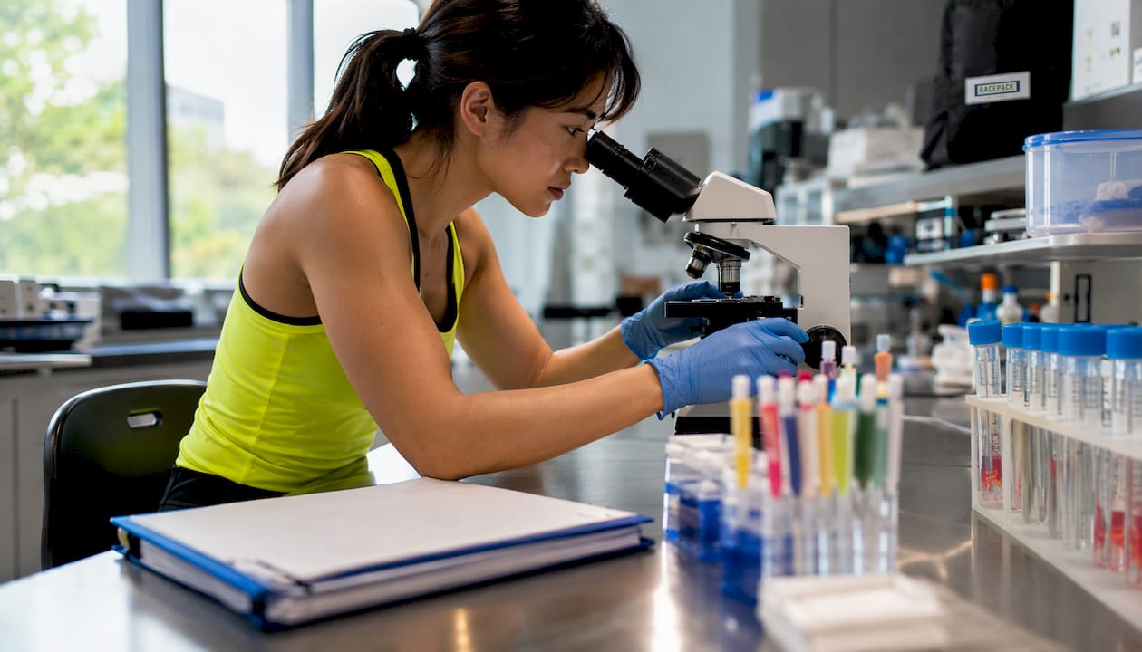 Scientist analyzing muscle tissue for signaling