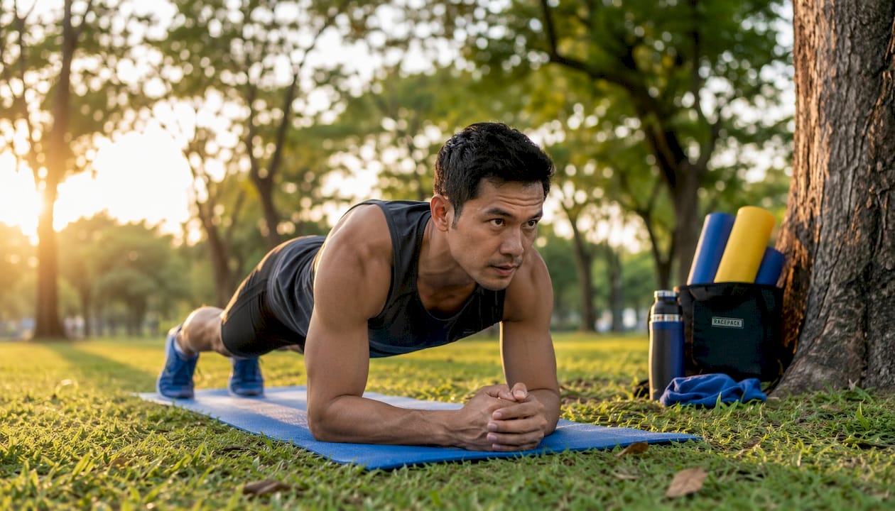 Male endurance athlete doing plank core exercise