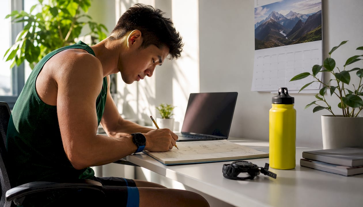 Endurance athlete planning weekly training at desk