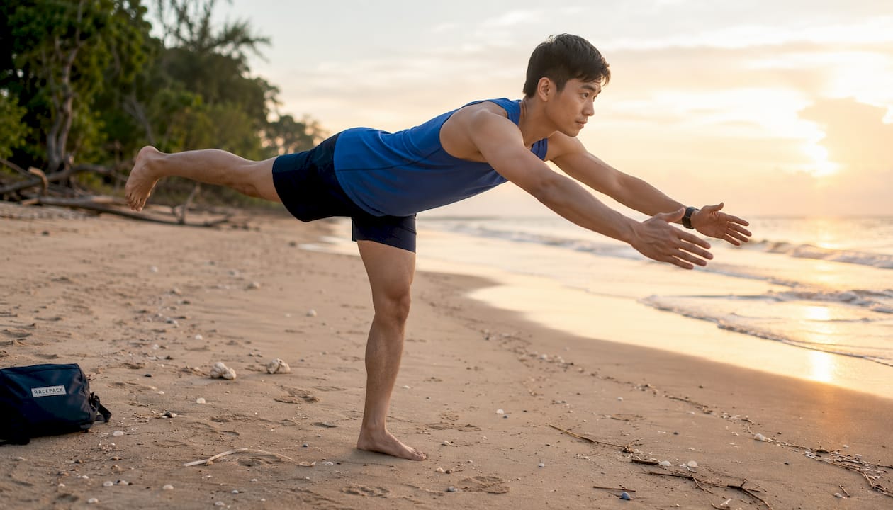 Man doing single-leg Romanian deadlift outdoors at dawn