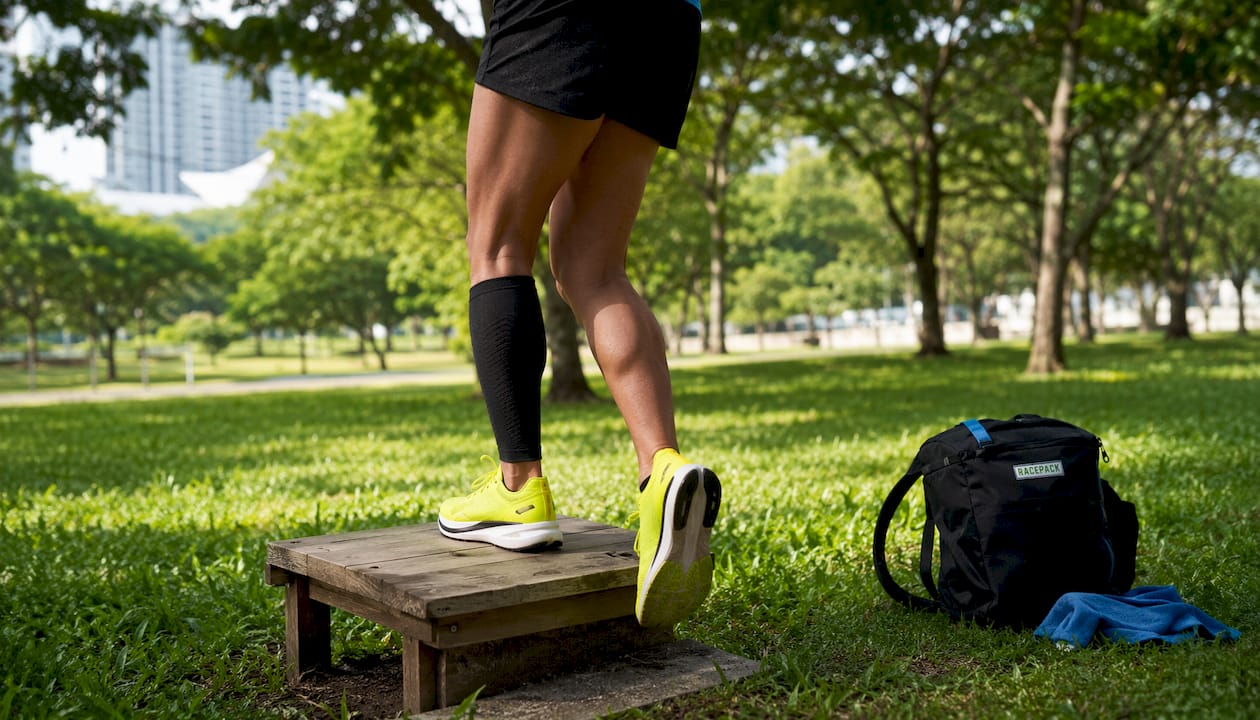 Close-up of single-leg eccentric calf raise exercise
