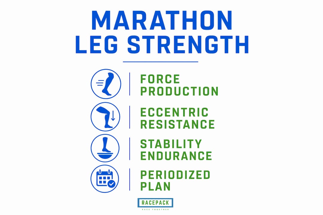 Infographic showing key marathon leg strength components and training phases
