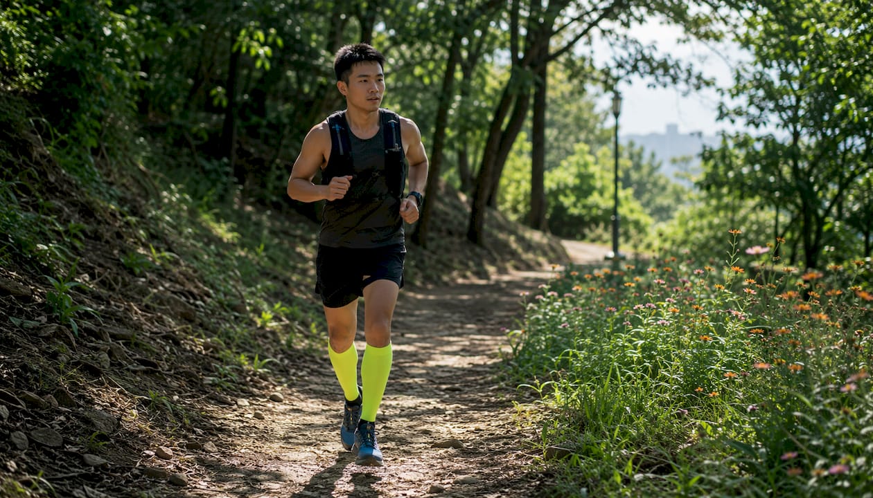 Runner’s feet on trail forest path during base phase