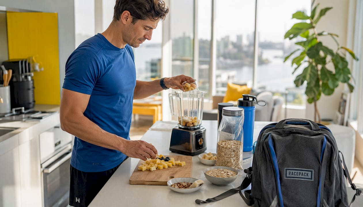Male athlete preparing post-training snack in kitchen
