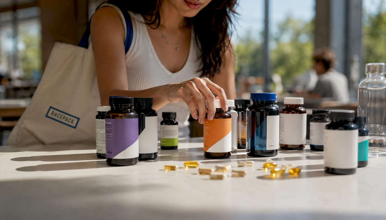 Hands picking vitamin D bottle among supplements