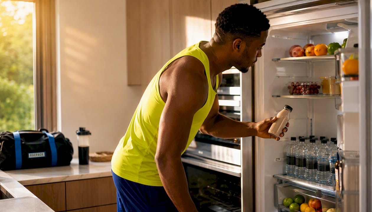Athlete placing protein shake in fridge
