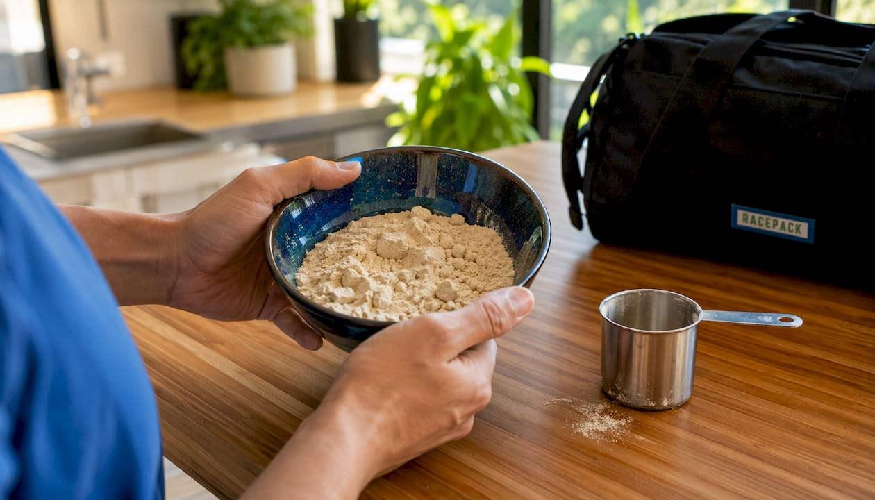 Hands inspecting bad protein powder
