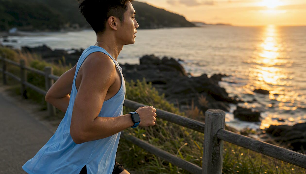 Athlete running with GPS smartwatch on wrist