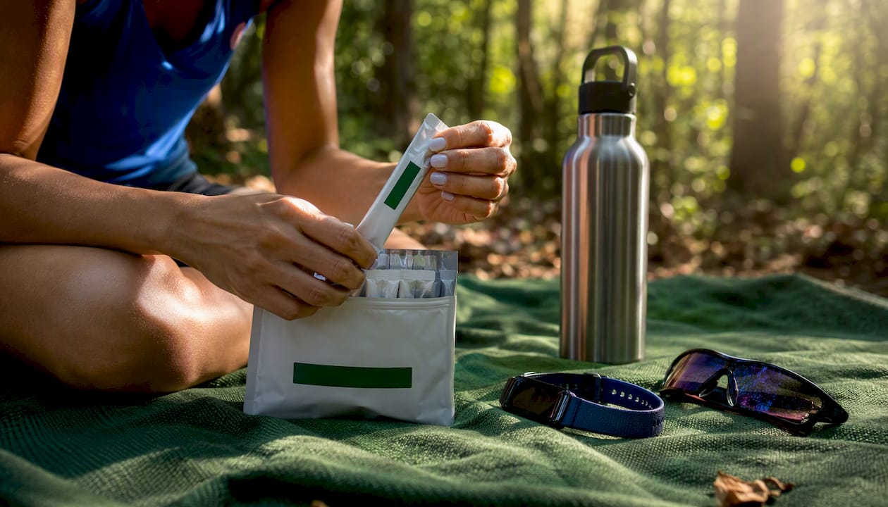 Hands opening electrolyte sachet outdoors
