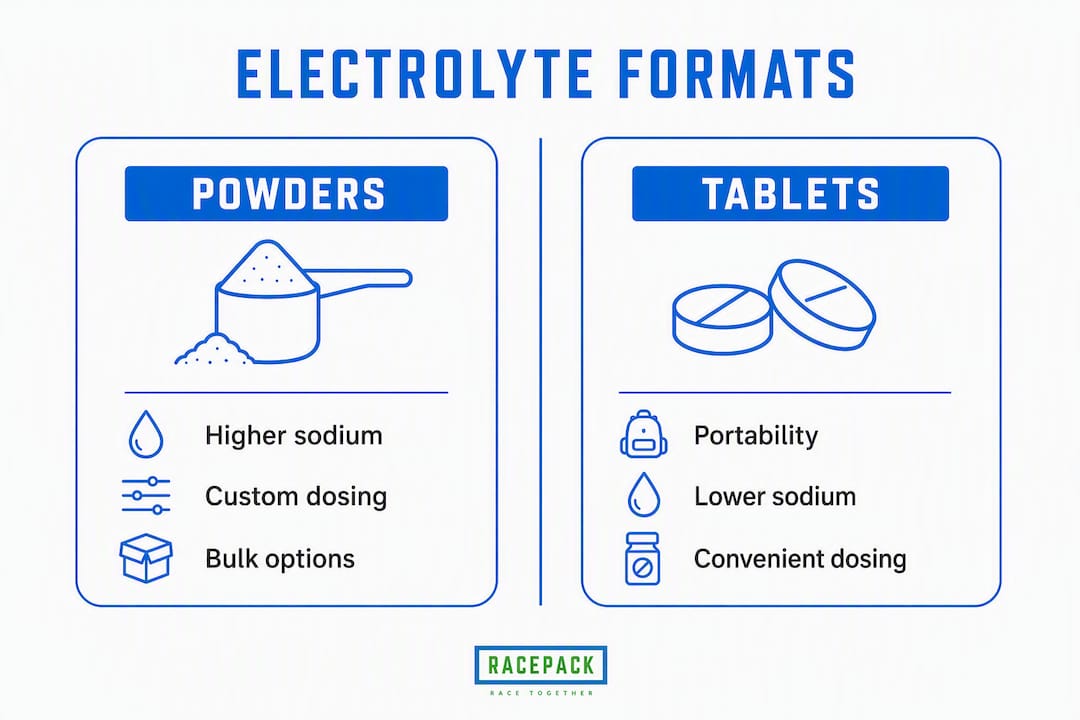 Infographic comparing electrolyte powder and tablet formats