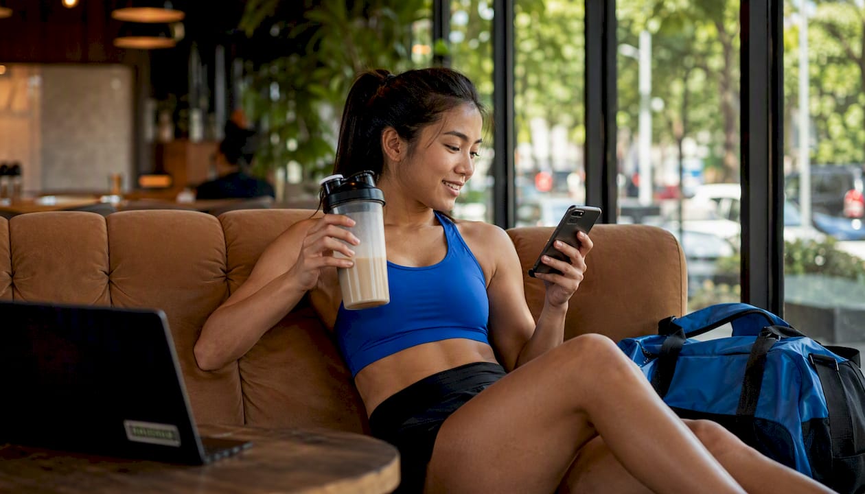 Woman with mass gainer shake checking workout data