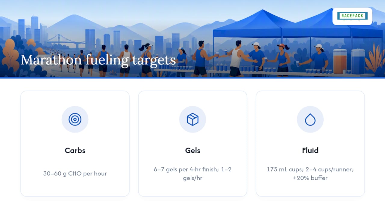 Chart of carbohydrate, gels, and fluid amounts for marathon fueling