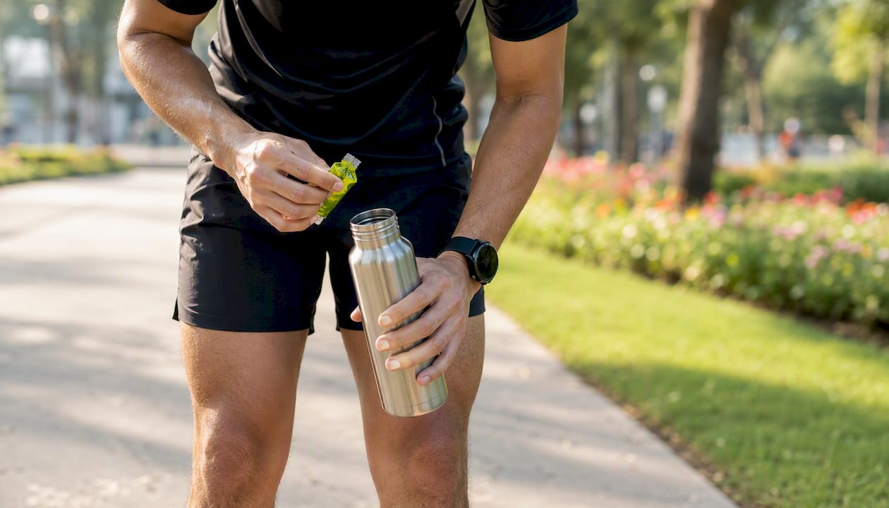 Runner taking gel and water mid-race