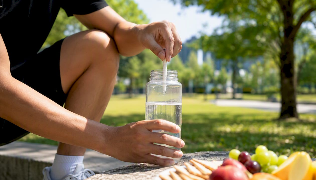 Hands preparing electrolyte hydration drink