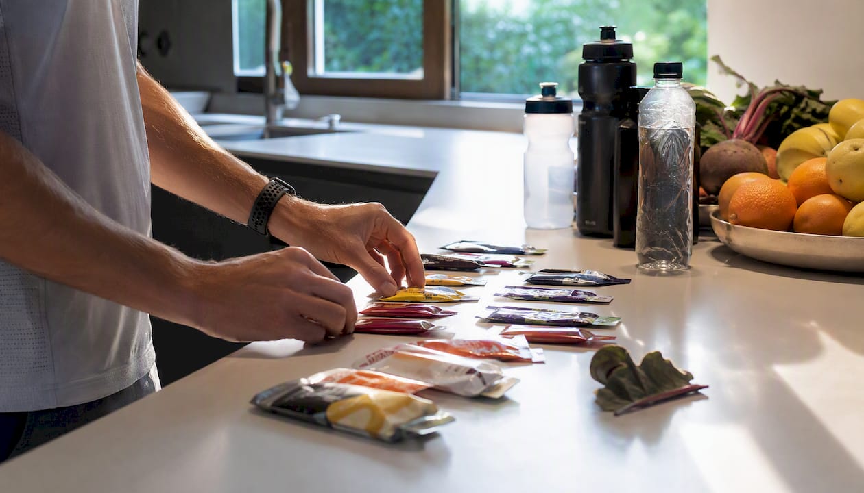 Hands organizing running supplements on kitchen counter