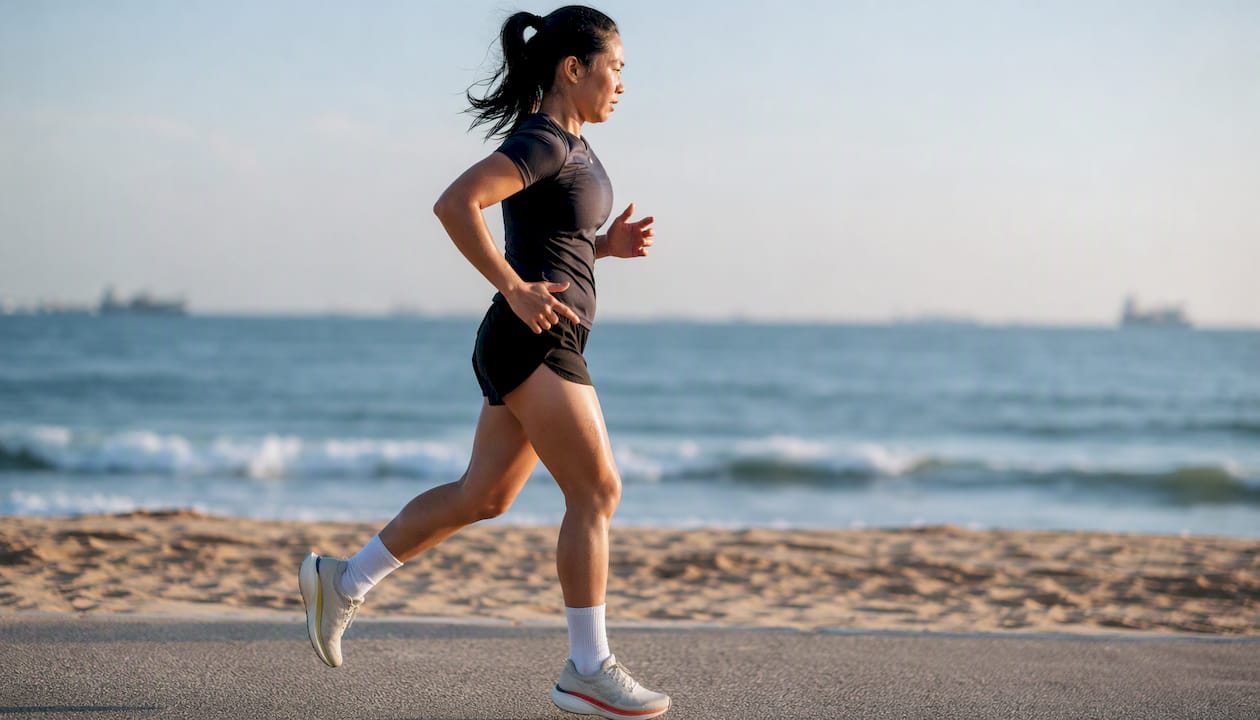Runner adjusting form mid-stride on forest path