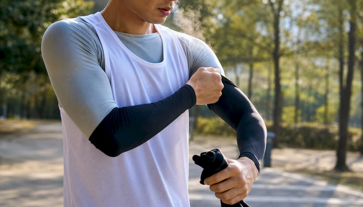 Runner adjusting arm warmer for cold weather race