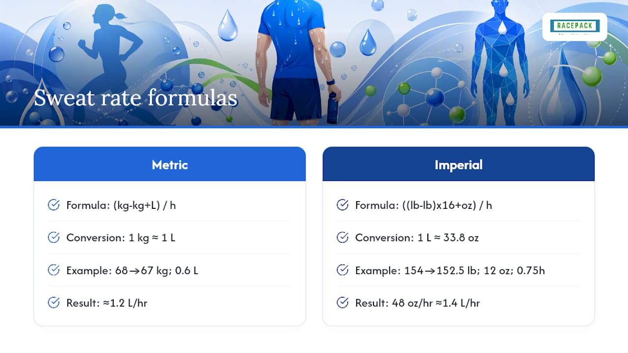 Diagram comparing metric and imperial sweat rate formulas