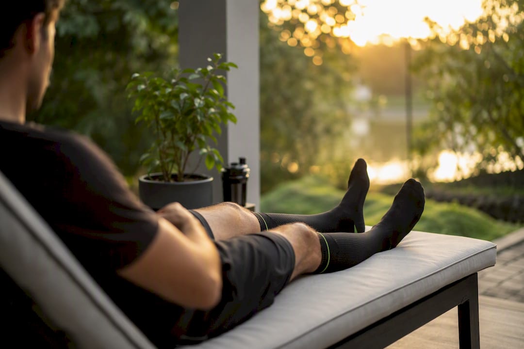 Athlete resting wearing firm recovery compression socks indoors