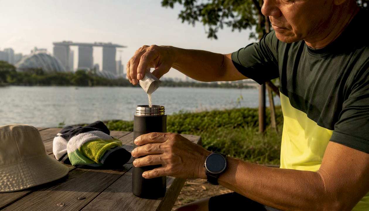 Athlete pouring electrolyte powder into shaker on bench