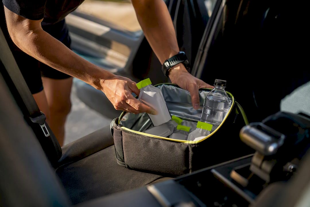 Sealed energy gels stored inside a race gear pouch