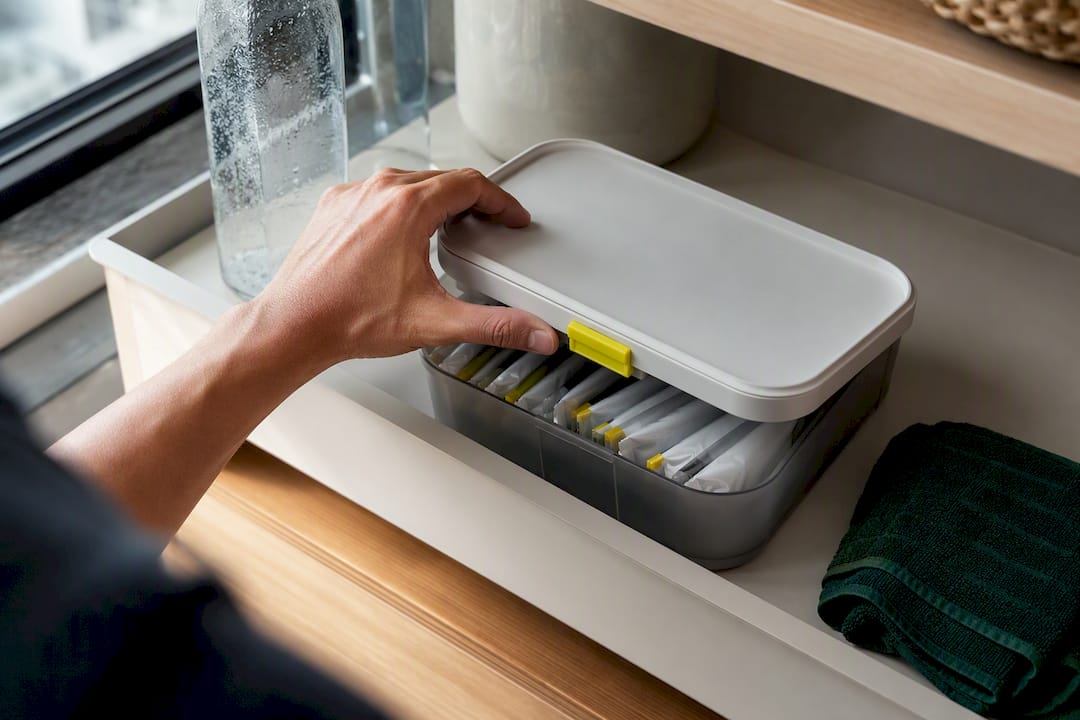 Sealed storage box protecting hydration sachets